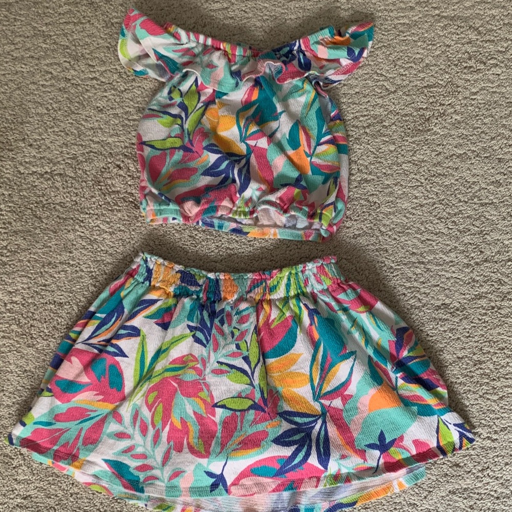 Girls Multicolor Floral Elastic Waist Skirt and Top - Bright Tropical Print